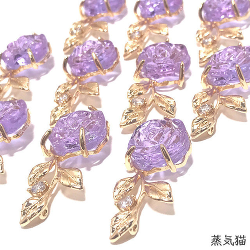 コネクター】薔薇の花 ガラスチャーム パープル 2個【バラ花ピアス