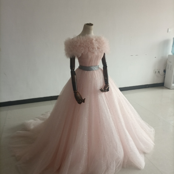 憧れのドレス ピンク ソフトチュール ロングトレーン 取り外しオフ  