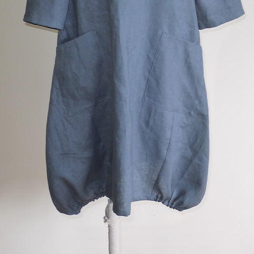 リネン◇バルーンワンピ 七分袖◇ブルーグレー◇M・Ⅼ・LL