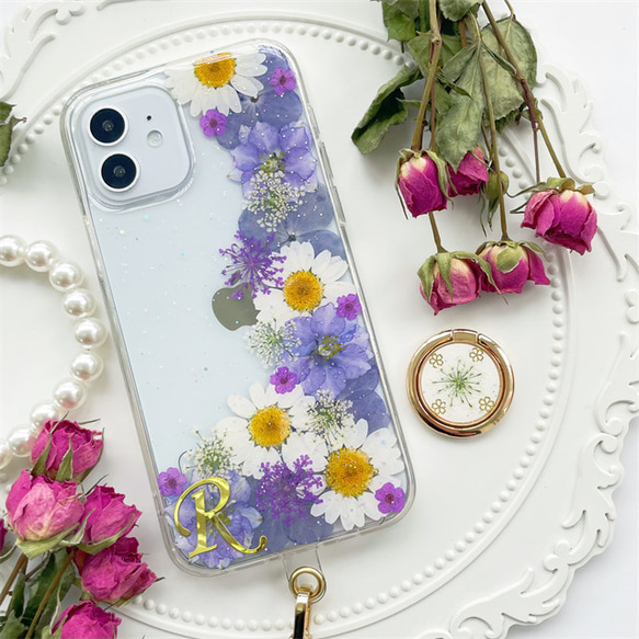 紫陽花、押し花スマホケース、全機種対応、ストラップホルダ一、iFace  
