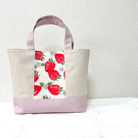 【キャンバス×帆布】苺ふるふる春のミニトートバッグ/ピンクグレー 7枚目の画像