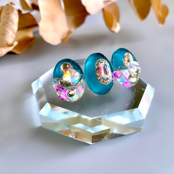 glass oval 3way blue pink hologram Earrings 8枚目の画像