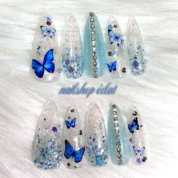 オーダー専】 浴衣 韓国 花柄 ネイルチップ 水色 淡色 青 ブルー 蝶々 和