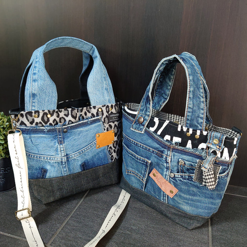 No.197【DENIM✖️英字✖️チェック】デニムリメイクトート