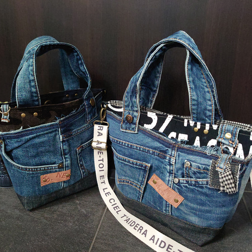 No.197【DENIM✖️英字✖️チェック】デニムリメイクトート