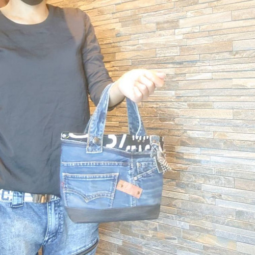No.197【DENIM✖️英字✖️チェック】デニムリメイクトート