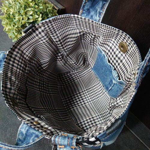 No.197【DENIM✖️英字✖️チェック】デニムリメイクトート