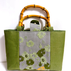 刺繍シリーズ　Ｓバンブーバッグ　「デイジー」 緑　和装にも… 2枚目の画像