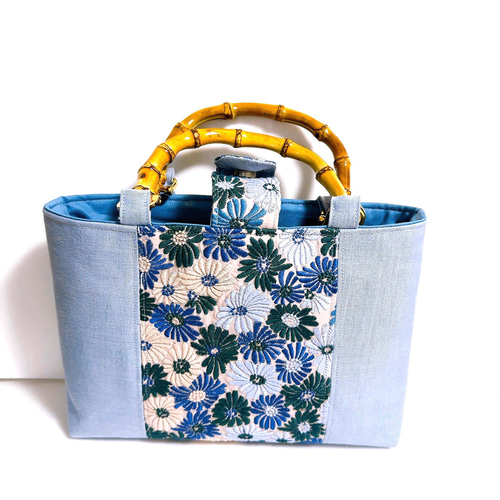 刺繍シリーズ Sバンブーバッグ 「デイジー」 青 和装にも… トート  