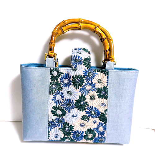 刺繍シリーズ Sバンブーバッグ 「デイジー」 青 和装にも… トート 