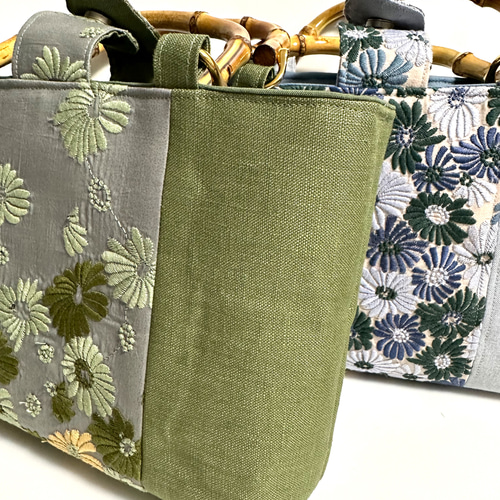 刺繍シリーズ Sバンブーバッグ 「デイジー」 青 和装にも… トート  