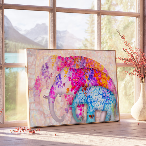 アートポスター 象 花 蝶 水彩画風 パステルカラー 癒し ボタニカル