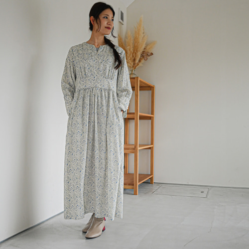 新品✨FOR flowers of romanceリネン混花柄長袖ワンピース Lace Ladies 花柄ワンピース フラワープリント ワンピース