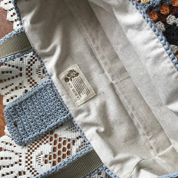 モチーフ編みのトートバッグ（水色）★手編み　編み物　モチーフバッグ　レトロで可愛い 4枚目の画像