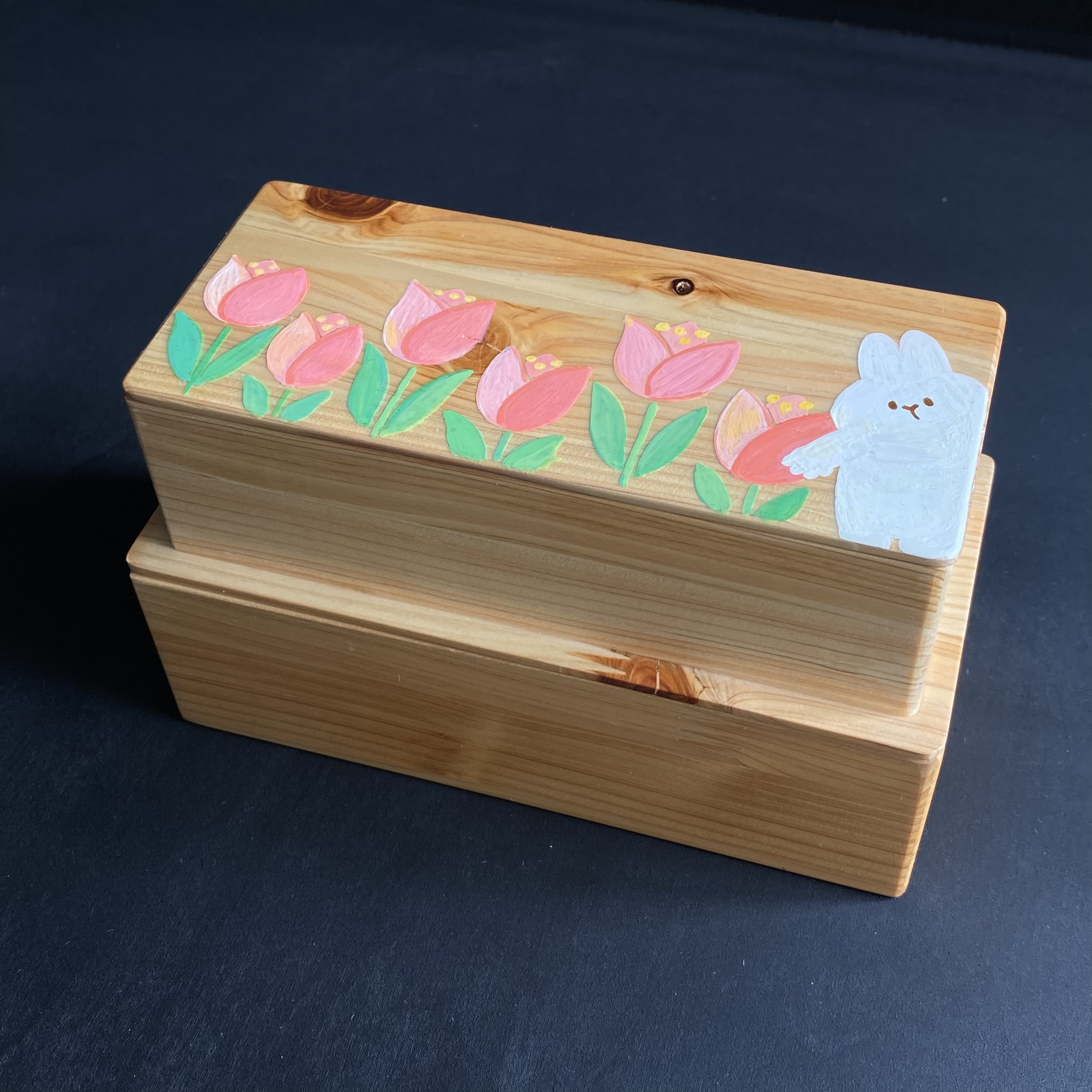 紀州檜2段弁当箱【チューリップと白うさぎ】