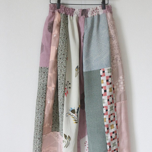 着物リメイク 薄桃大島紬と草花模様合せタックギャザースカート ロング  