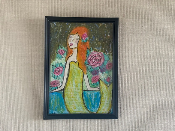 絵画。壁掛け絵原画手描き【花が咲き乱れる岸辺にいる美しい人魚姫】 #プレゼント