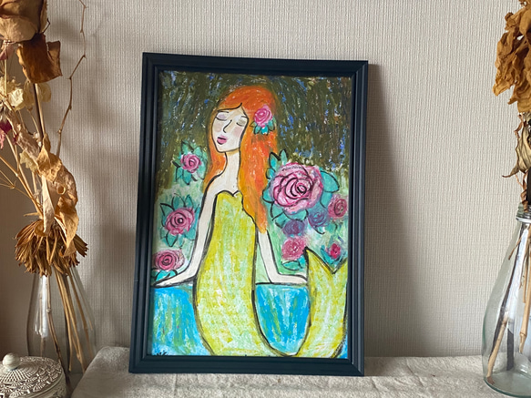 絵画。壁掛け絵原画手描き【花が咲き乱れる岸辺にいる美しい人魚姫】 #プレゼント