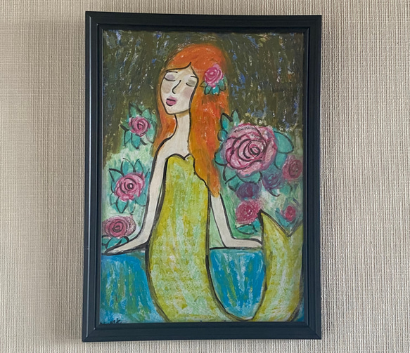 絵画。壁掛け絵原画手描き【花が咲き乱れる岸辺にいる美しい人魚姫】 #プレゼント