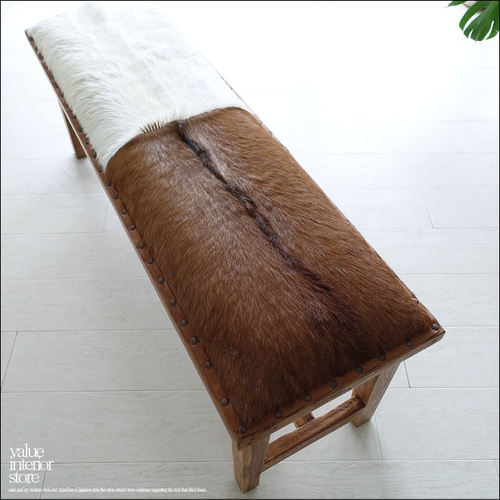 オールドチーク 毛皮張りベンチfur/X 長椅子 古材ベンチ 無垢材ソファ