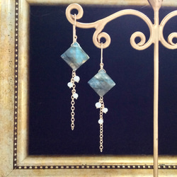 ラブラドライトと淡水真珠のピアス（ブルー&ブルーグリーンシラー） 7枚目の画像