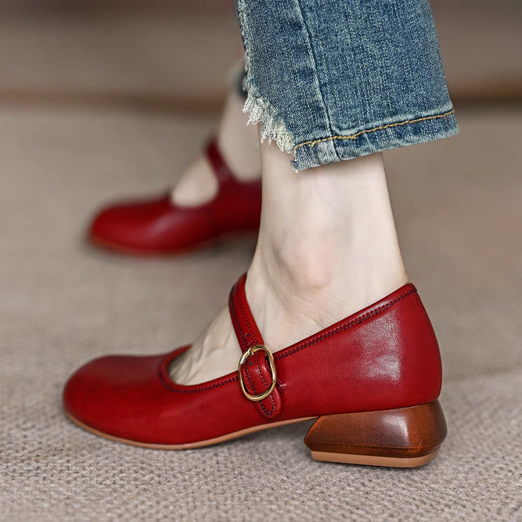 革靴 靴 シューズ レディース ローヒール シューズ 靴 メリージェーン ストラップ パンプス 本革 靴 25.5 26