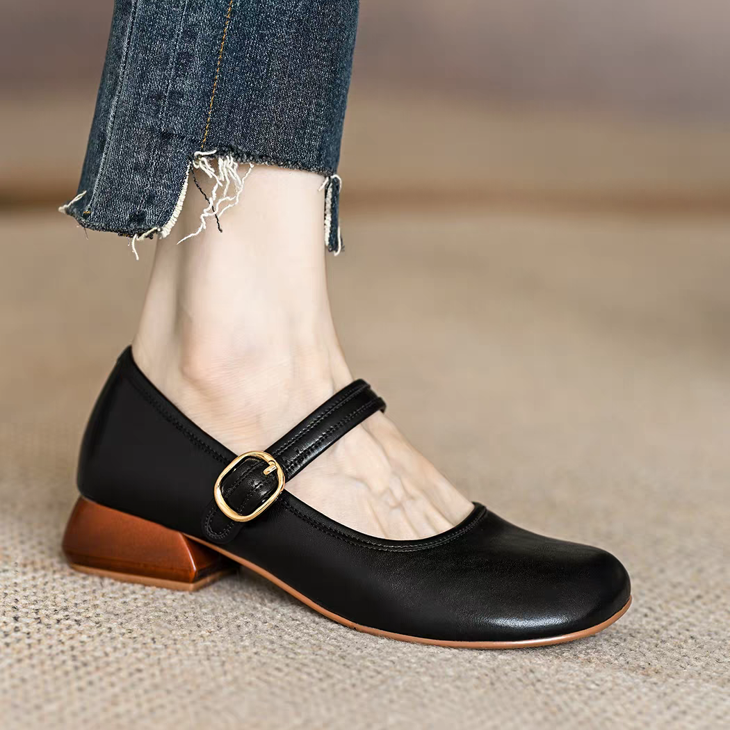 革靴 靴 シューズ レディース ローヒール シューズ 靴 メリージェーン ストラップ パンプス 本革 靴 25.5 26