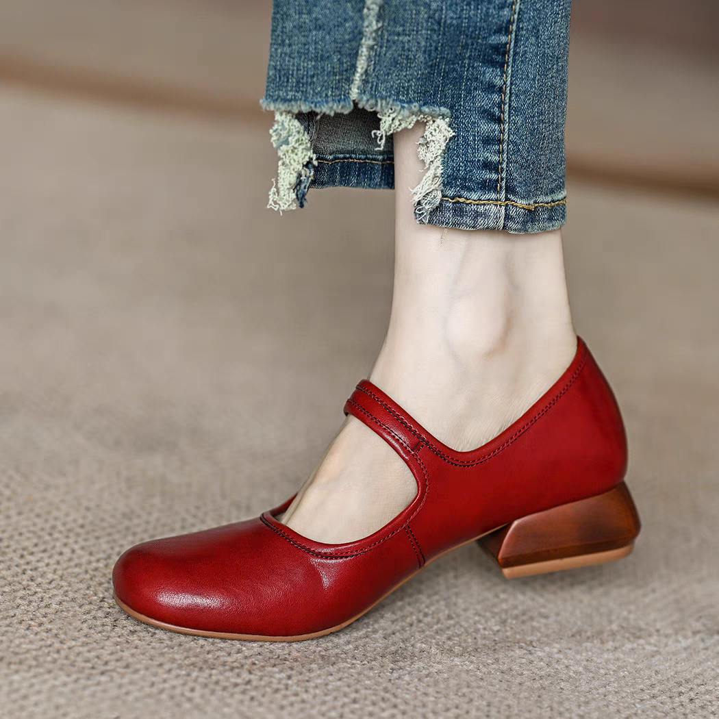 革靴 靴 シューズ レディース ローヒール シューズ 靴 メリージェーン ストラップ パンプス 本革 靴 25.5 26