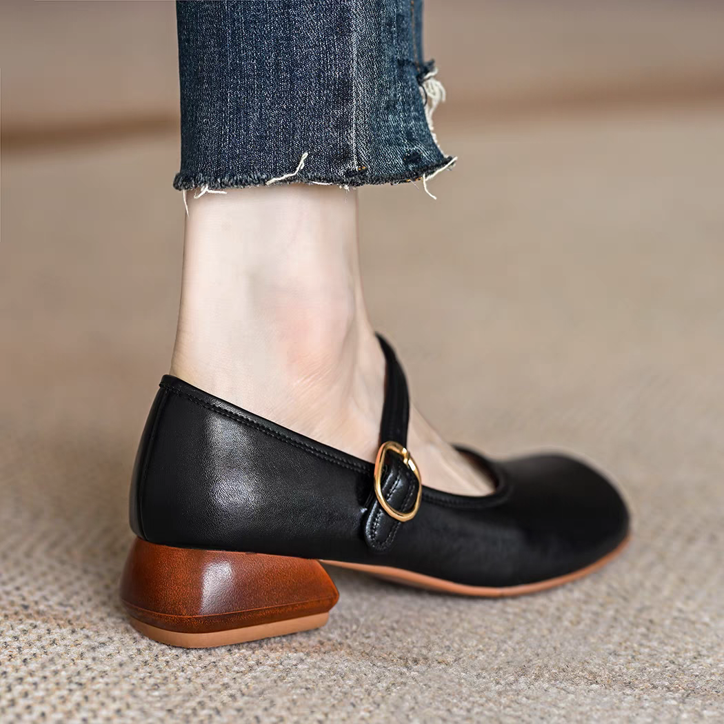 革靴 靴 シューズ レディース ローヒール シューズ 靴 メリージェーン ストラップ パンプス 本革 靴 25.5 26