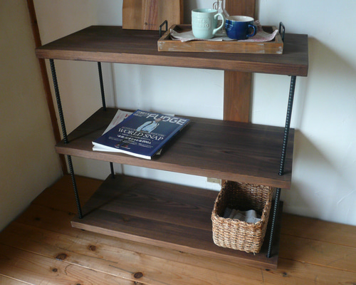 とら様オーダー製作品 カフェ風3段ラック 棚板アイアン平板補強あり 棚