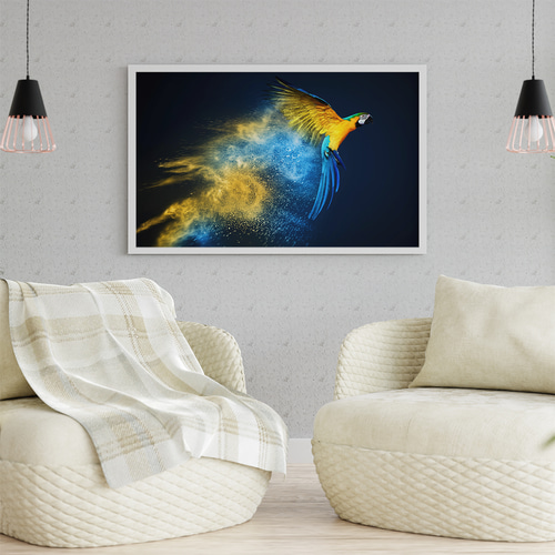 アートポスター 青と黄色のコンゴウインコ 幻想的な粉塵アート