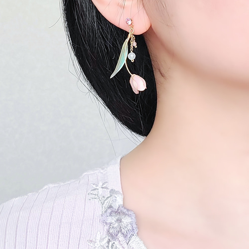 ピアス/イヤリング チューリップ アクアマリン ローズクォーツ 天然石 
