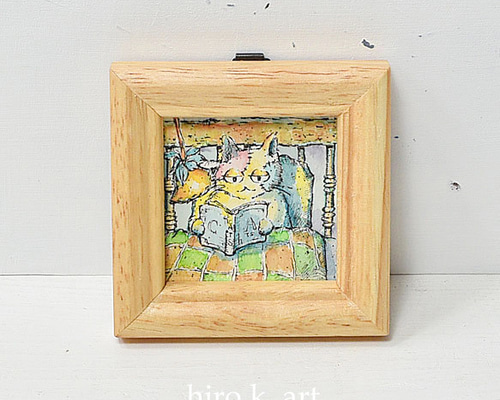 ミニ原画 * 本を読むパッチワーク猫* イラスト hiro k. 通販 15654707