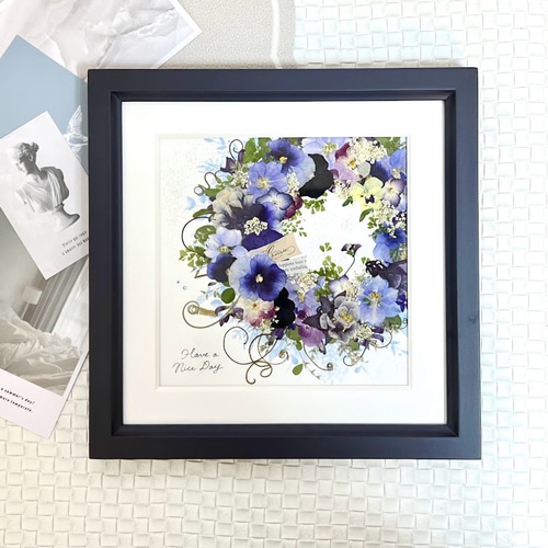 大人おしゃれなビオラのブルーリース 押し花アート額 ギフト 母の日