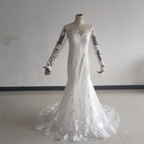 即納！高品質！ウエディングドレス ホワイト 花モチーフ 上品透け袖  