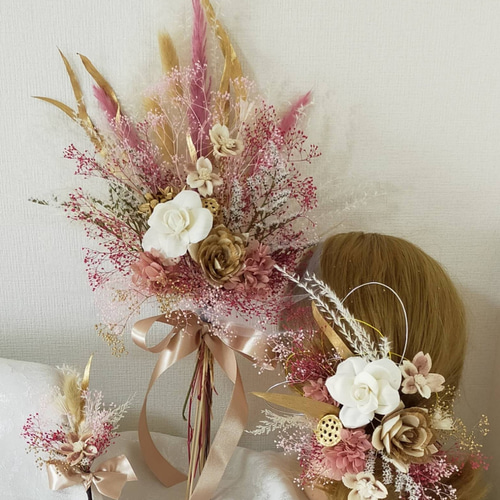 ♥3点セット ウェディングブーケ/花束、ブートニア、ヘッドドレス 結婚 