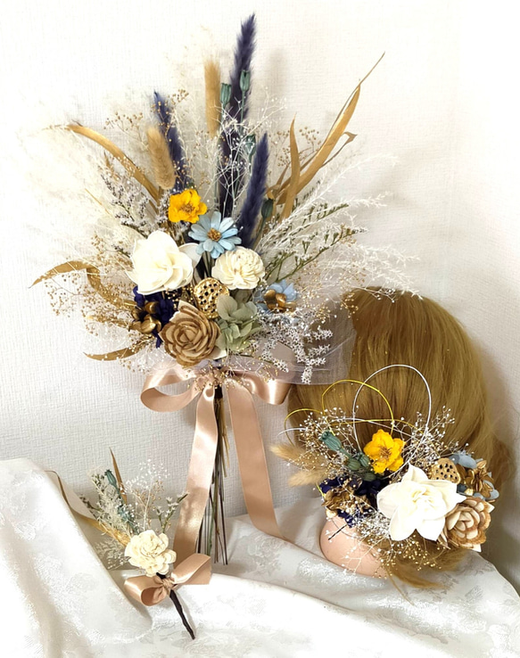 ♥3点セット ウェディングブーケ/花束、ブートニア、ヘッドドレス 結婚 
