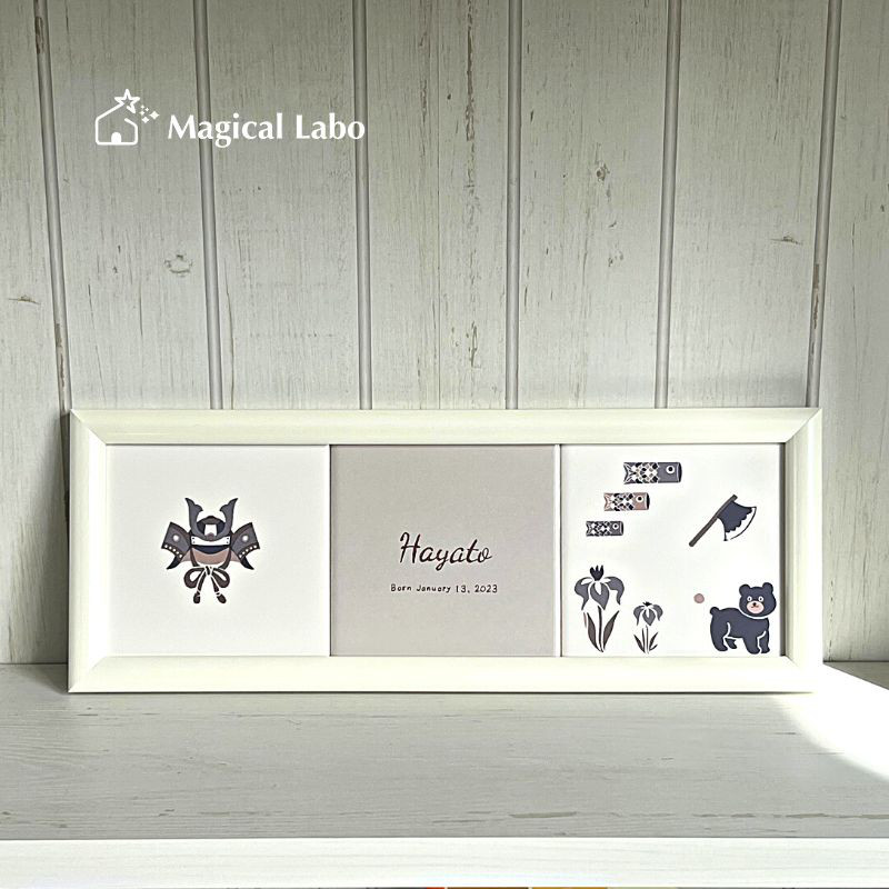 【名入れ無料】 かぶと&斧モチーフ陶器3枚プレート(木製フレーム付/パールホワイト)