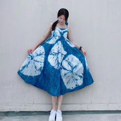 手作りのオリジナルデザインの植物藍染純綿小清新仙大花サスペンダースカートのワンピース 1枚目の画像