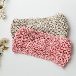 UVカットコットンでゆったりのびる、透かし多め編みのヘアバンド（カチューム/ヘアターバン）2色糸で柔らか春カラー 3枚目の画像