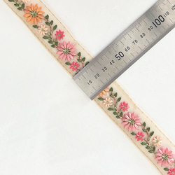 [ 193 ] ピンク オレンジ 花柄 幅:3cm インド刺繍 リボン 6枚目の画像