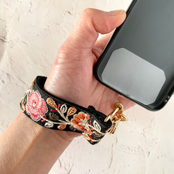 印度刺繡絲帶智慧型手機附手帶短帶黑色粉紅玫瑰 第9張的照片