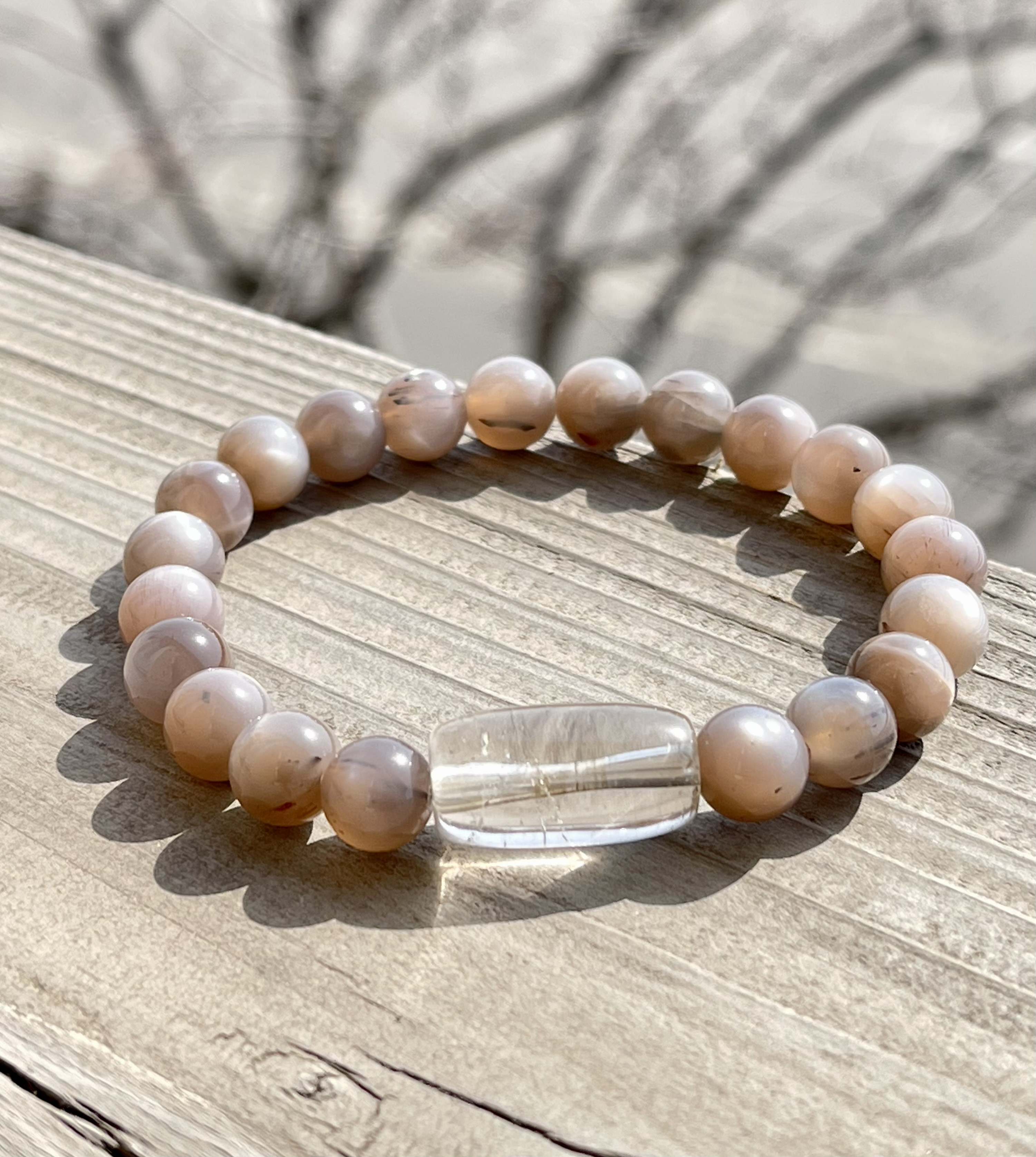 ヒマラヤ産シルバーサンムーンストーン&ガウリシャンカール産スモーキークォーツブレス