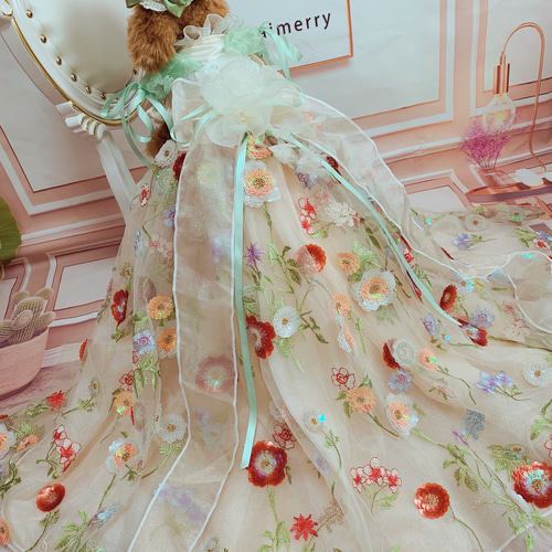 刺繡　フラワー　犬服ロングドレス プリントロングドレス,手作り刺embroideredフラワー,パープル,小