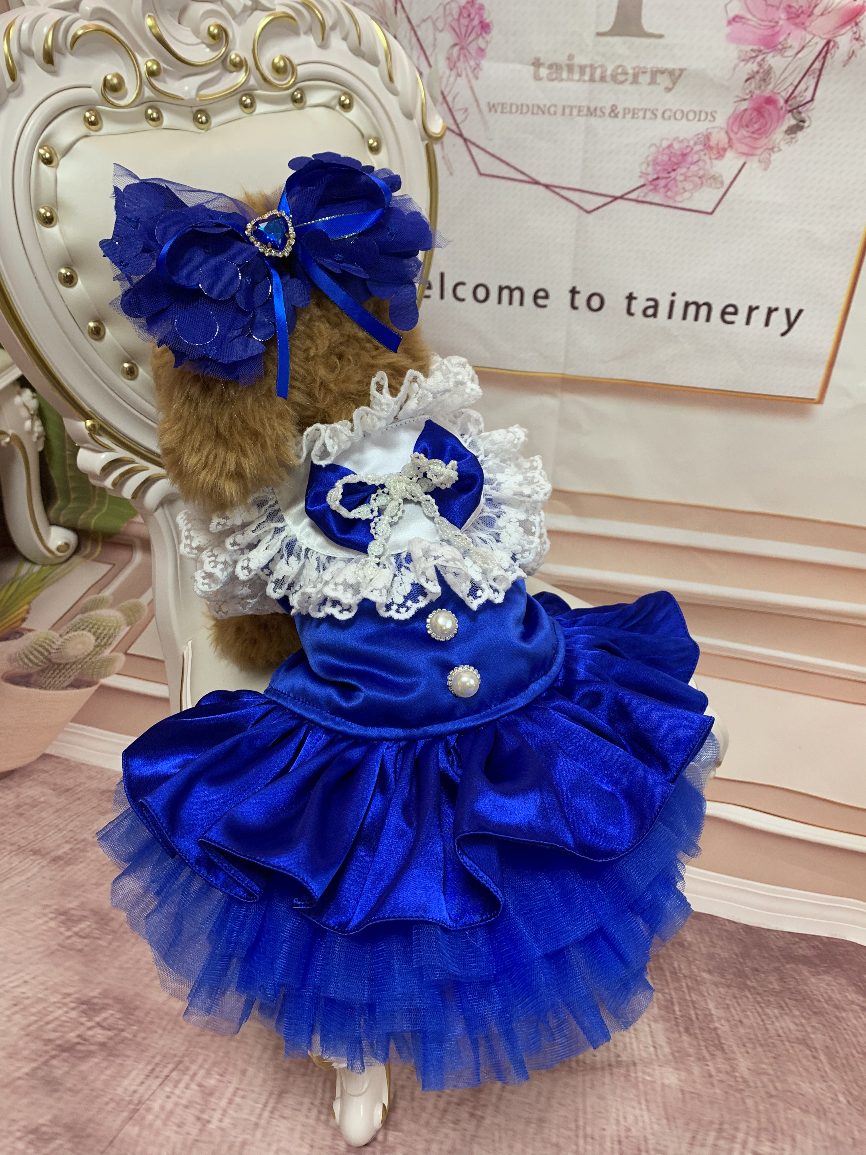 犬猫うさちゃん服　ロイヤルブルーのおめかしワンピース