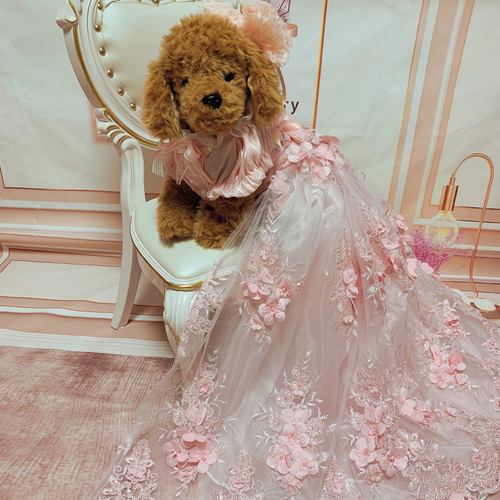 犬猫うさちゃん服 フェアリーピンクの花花ロング丈ドレス ペット