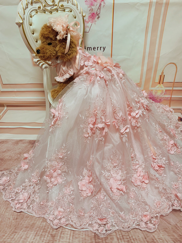 犬猫うさちゃん服 フェアリーピンクの花花ロング丈ドレス ペット服