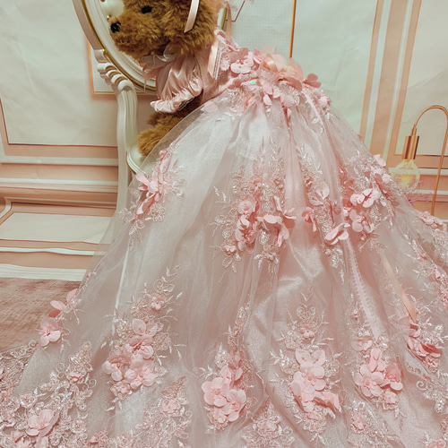 犬猫うさちゃん服 フェアリーピンクの花花ロング丈ドレス ペット