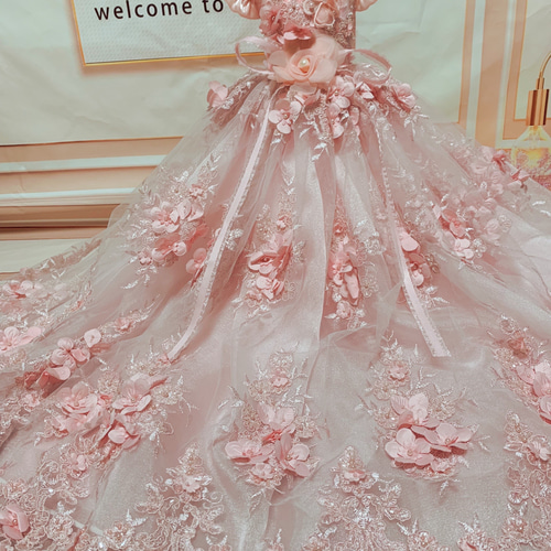 犬猫うさちゃん服 フェアリーピンクの花花ロング丈ドレス ペット服