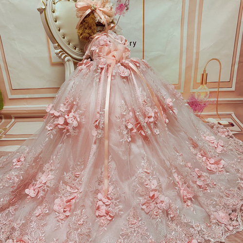 犬猫うさちゃん服 フェアリーピンクの花花ロング丈ドレス ペット服